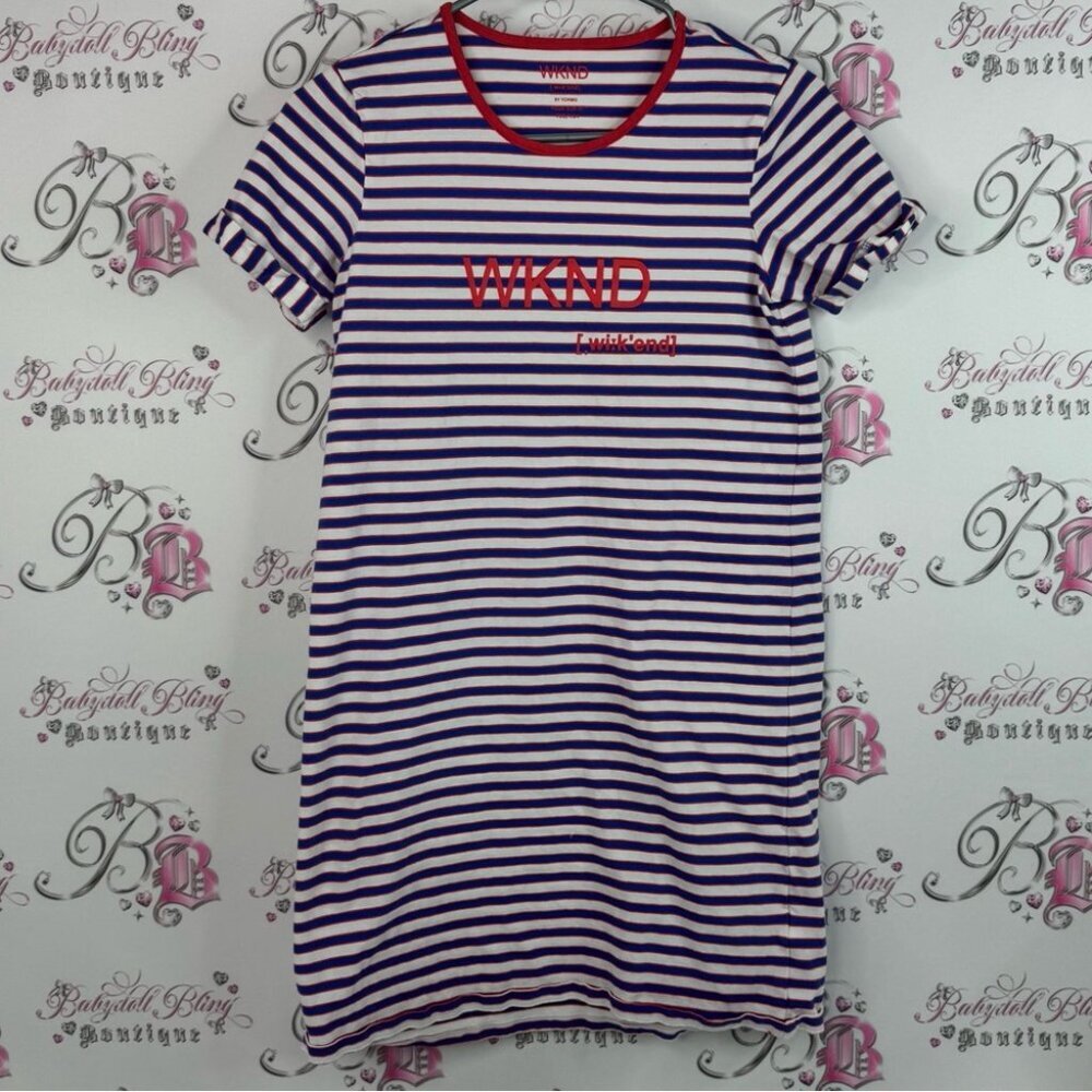 Wknd dress graphic front Striped T-Shirt Dress with Red Accents